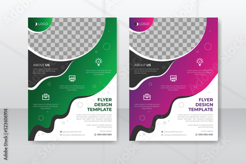 A4 Corporate Business Flyer Design Template 2 Color Set, Business, Brochure Flyer Design Template, Abstract Brochure Template, Medical Flyer Layout with a Green and Pink Color
