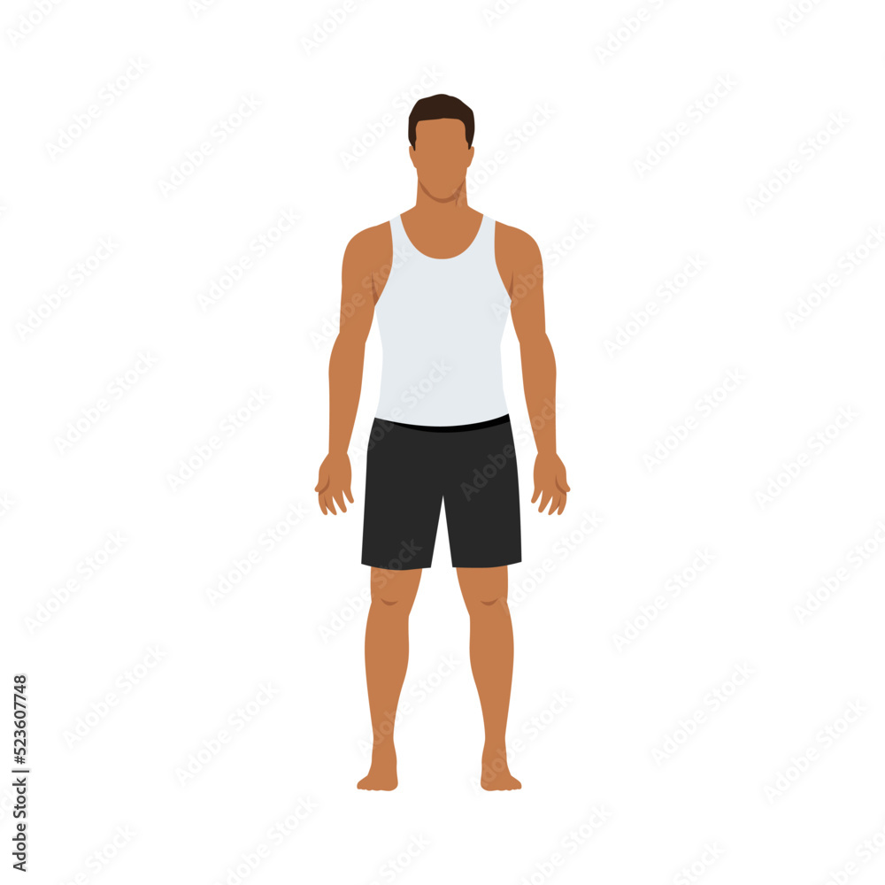 Man doing Tadasana or Mountain Pose. Side View. Flat vector illustration isolated on white background Man doing Tadasana or Mountain Pose. Side View. Flat vector illustration isolated on white background
