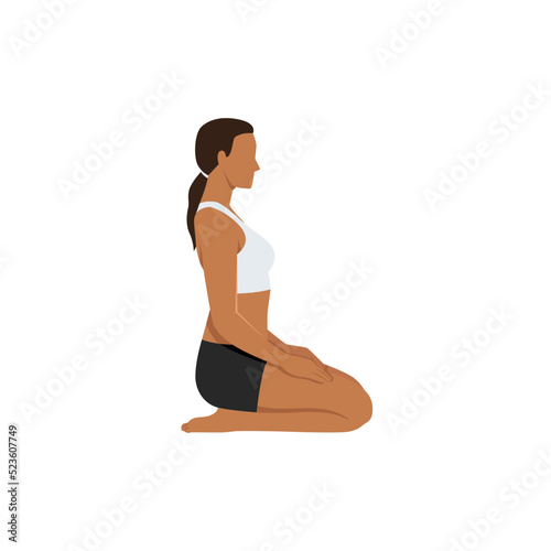 Woman doing Thunderbolt Pose, Adamantine Pose, Diamond Pose. Practice Vajrasana. Flat vector illustration isolated on white background