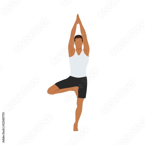 Man doing tree pose vrksasana exercise. Flat vector illustration isolated on white background