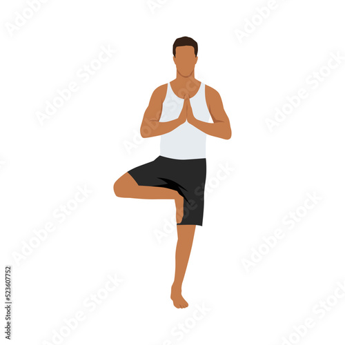 Young man practicing yoga with tree pose, vrksasana asana, stand on one leg. Flat vector illustration isolated on white background