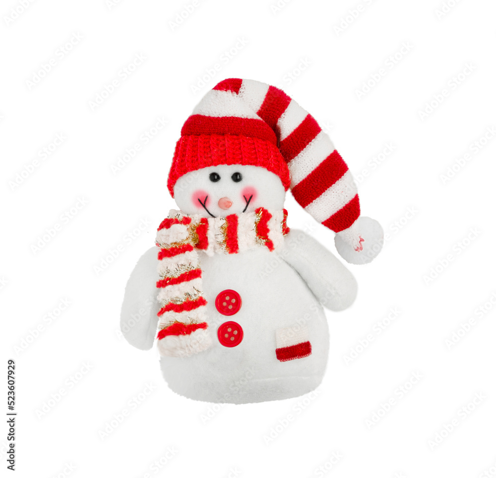 Snowman in a red hat and with a scarf isolated on a white background