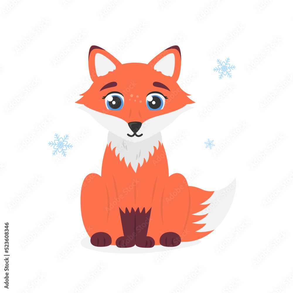 Obraz premium Cute sitting red fox cub with snowflakes. Funny forest character with big eyes and fluffy tail. Vector design element. Flat illustration isolated on white background