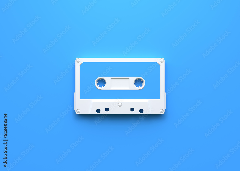 Vintage audio tape cassette on a blue background. Top view with copy space. 3d rendering illustration