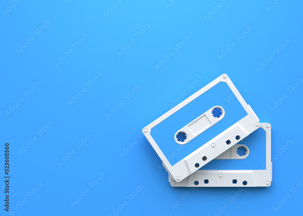 Obraz premium Two vintage audio tape cassettes on a blue background. Top view with copy space. 3d rendering illustration