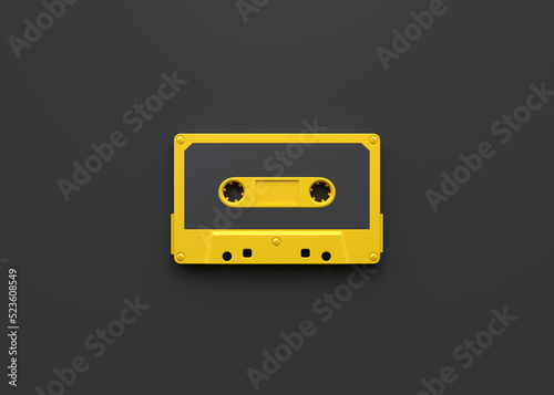 Vintage audio tape cassette on a black background. Top view with copy space. 3d rendering illustration
