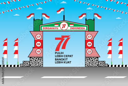 Vector design of a road gate commemorating the 77th Anniversary of the Republic of Indonesia. Indonesian Independence day. sky blue background photo