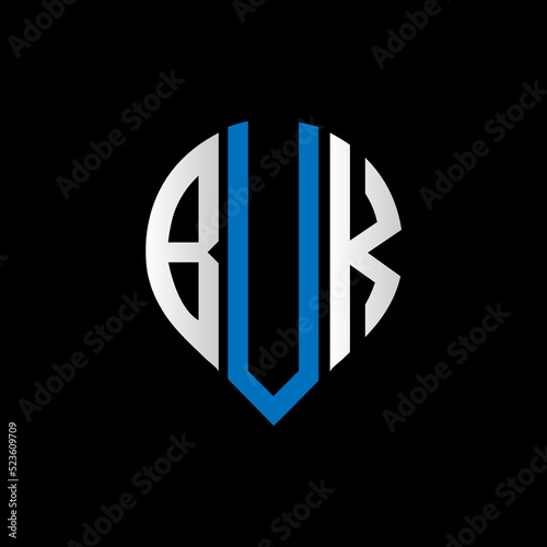 BUK logo monogram isolated on circle element design template, BUK letter logo design on black background. BUK creative initials letter logo concept. BUK letter design.
