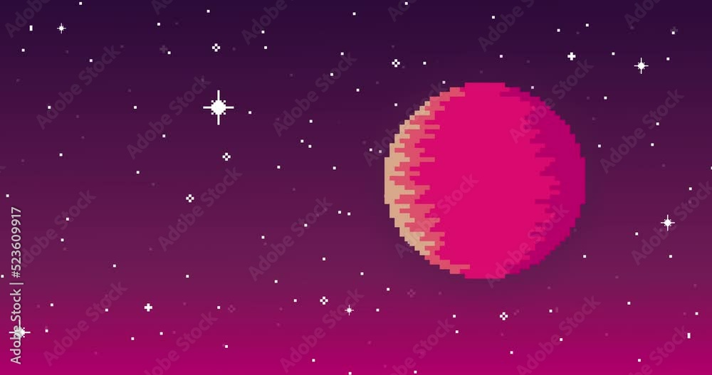 Pixel art space animation. Planet, stars, space. Pixel art 8 bit vector game retro. Pink pixel planet. Seamless animation
