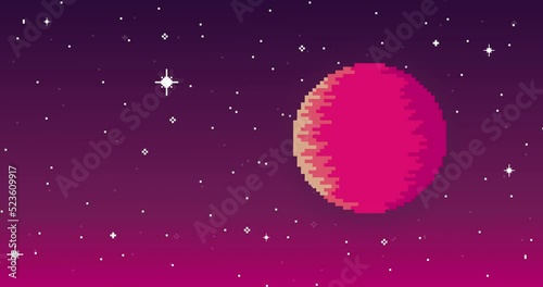 Pixel art space animation. Planet, stars, space. Pixel art 8 bit vector game retro. Pink pixel planet. Seamless animation
 photo