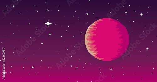 Pixel art space animation. Planet, stars, space. Pixel art 8 bit vector game retro. Pink pixel planet. Seamless animation
