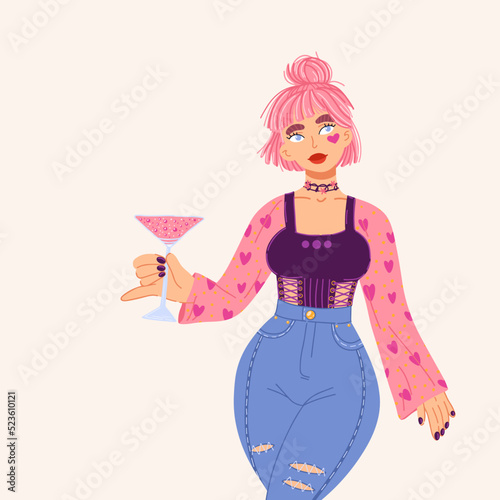 Young pretty girl with pink hair and a heart under her eye, dressed in a corset and torn high waist jeans and holding a glass of pink cocktail in her hand