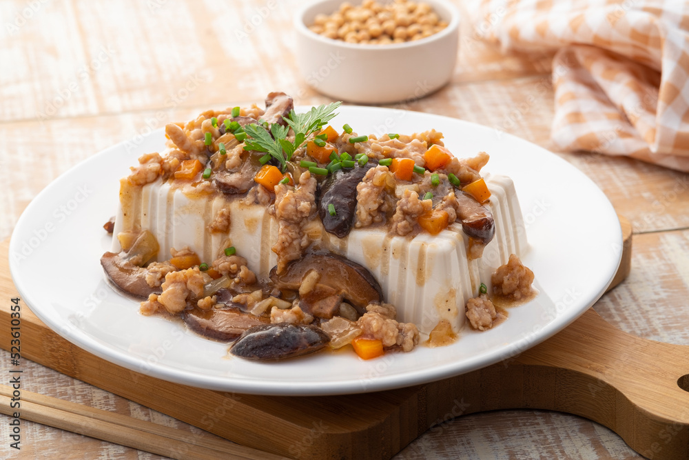 Soft Tofu with pork gravy sauce,Steamed soy bean tofu curd with minced pork carrot onion and shiitake mushroom in gravy sauce Soft Tofu with pork gravy sauce,Steamed soy bean tofu curd with minced pork carrot onion and shiitake mushroom in gravy sauce