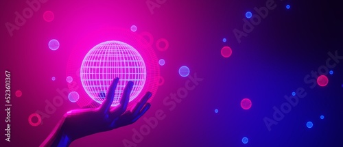 robot hand, abstract backgound video game of esports scifi gaming cyberpunk, vr virtual reality simulation and metaverse, scene stand pedestal stage, 3d illustration rendering, futuristic neon glow