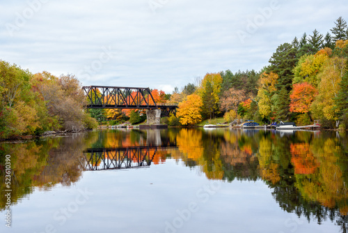 View of a steel railroad bridge spanning a river with forested banks at the peak of autumn colours