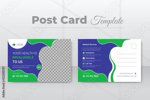 Medical, dental, and healthcare postcard design template, EDDM postcard layout with green and purple color