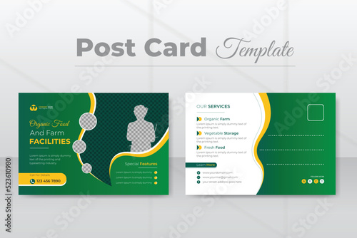 Organic food and farm facilities for postcard design template, modern lawn mower garden, or landscaping service EDDM template with gradient colors