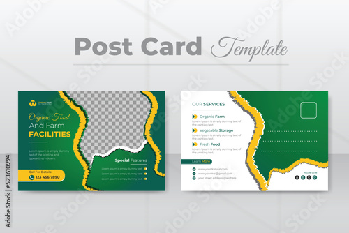 Organic food and farm facilities for postcard design template, modern lawn mower garden, or landscaping service EDDM template with gradient colors