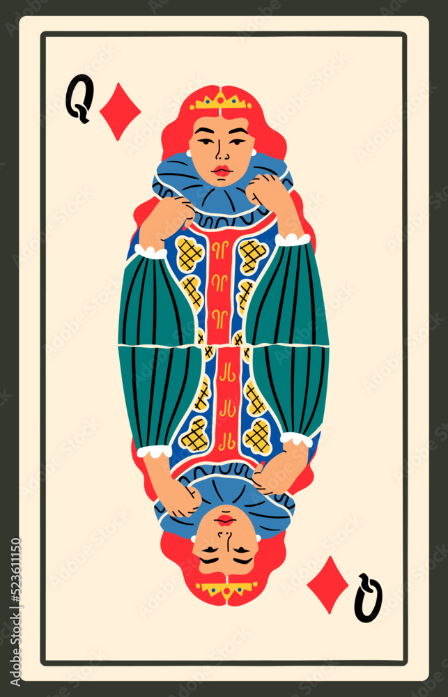 Queen of Diamonds. Playing card. Beautiful character. Gambling, poker concept. Cartoon style. Hand drawn modern Vector illustration. Poster, t-shirt print, logo, tattoo idea, deck design template 