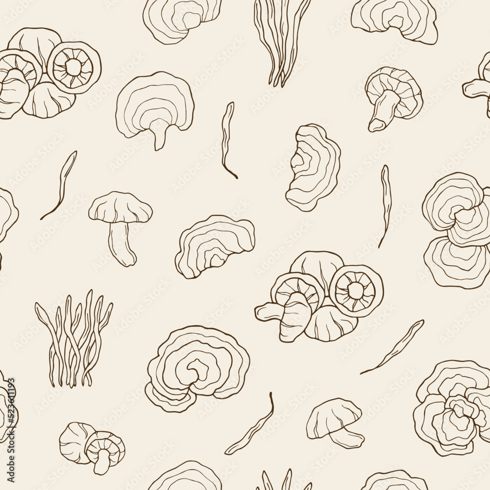 Hand drawn mushrooms seamless pattern. Shiitake, turkey tail, cordyceps, reishi Hand drawn mushrooms seamless pattern. Shiitake, turkey tail, cordyceps, reishi