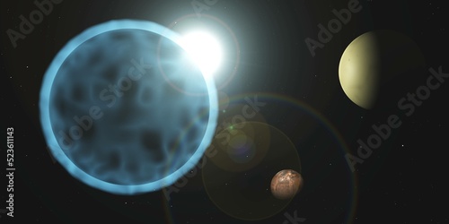 Space landscape, exoplanet with satellites, 3d rendering