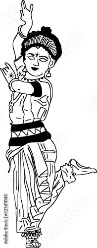 Indian women doing Bharatanatyam dance line art vector, Sketch drawing of indian woman doing traditional dance, Indian girl dancing pose silhouette