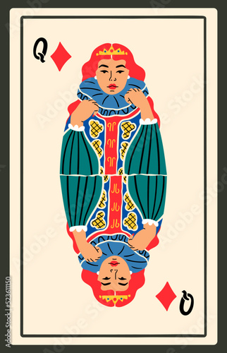 Queen of Diamonds. Playing card. Beautiful character. Gambling, poker concept. Cartoon style. Hand drawn modern Vector illustration. Poster, t-shirt print, logo, tattoo idea, deck design template 