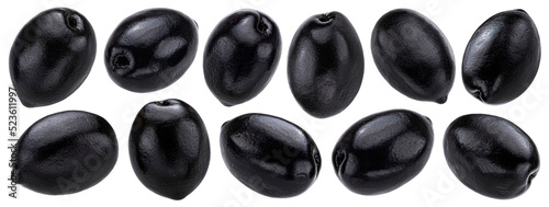 Black olives collection isolated on white background