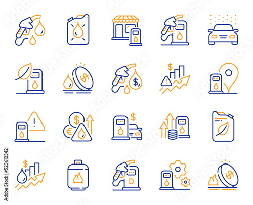 Gas station line icons. Petrol canister, diesel fuel and gas cylinder set. Eco leaf, Fuel station and petrol canister line icons. Liquefied gas, rising prices and oil energy. Vector