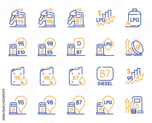 Filling station line icons. Petrol canister, B7 diesel fuel and gas cylinder set. Lpg, fuel filling station and 95 petrol canister line icons. Liquefied gas, rising prices and oil energy. Vector