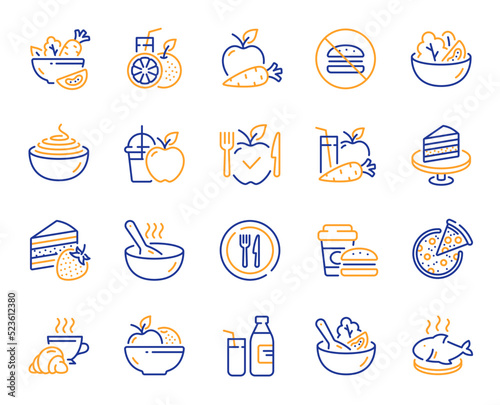 Meal line icons. Vegatable dish, poke bowl food and healthy salad set. Pizza, pasta spaghetti bowl and burger line icons. Breakfast meal, vegetable salad and fish. Apple and carrot fresh juice. Vector