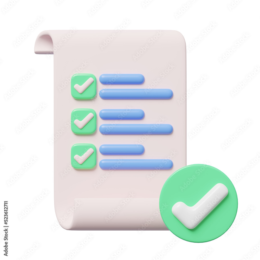 3d paper sheets with check marks on blue background. Confirmed or approved document icon. Beige clipboard with checklist symbol. Assignment done. Business cartoon style. 3d icon render illustration. 3d paper sheets with check marks on blue background. Confirmed or approved document icon. Beige clipboard with checklist symbol. Assignment done. Business cartoon style. 3d icon render illustration.