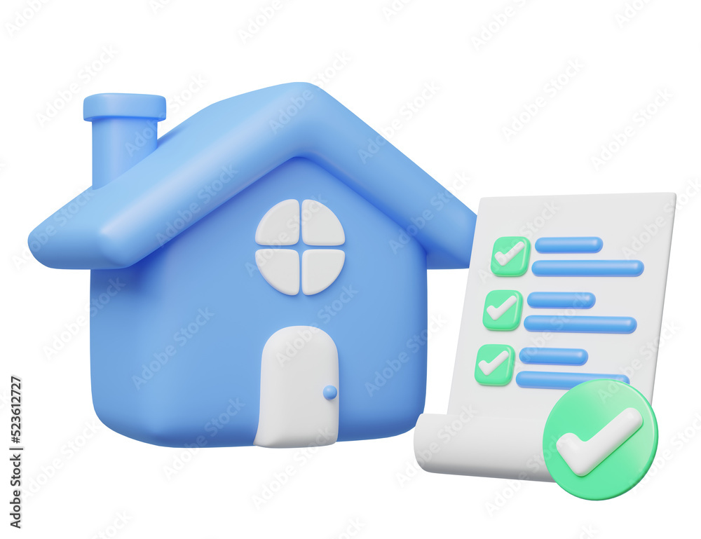 3d blue house, paper sheets, check marks icon. Home model, checklist floating on blue background. Approved document. Home Inspection concept. Mockup cartoon icon minimal style. 3d render illustration. 3d blue house, paper sheets, check marks icon. Home model, checklist floating on blue background. Approved document. Home Inspection concept. Mockup cartoon icon minimal style. 3d render illustration.