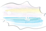 Yacht. Summer watercolor seascape. Papercut decoration. Pastel concept. Minimalist design suitable for booklets, web, brochures, flyers.