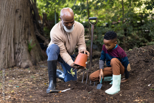 Happy senior african american man with his grandson digging in garden