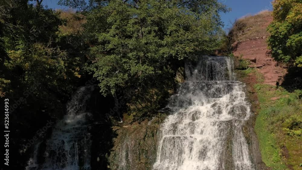 Waterfall in forest. Video recording, close-up, slow motion. Western part Ukraine, Ternopil region, Dzhurinsky Chervonogorodskiy waterfall. Mountains in forest, river. Amazing view nature Europe Waterfall in forest. Video recording, close-up, slow motion. Western part Ukraine, Ternopil region, Dzhurinsky Chervonogorodskiy waterfall. Mountains in forest, river. Amazing view nature Europe