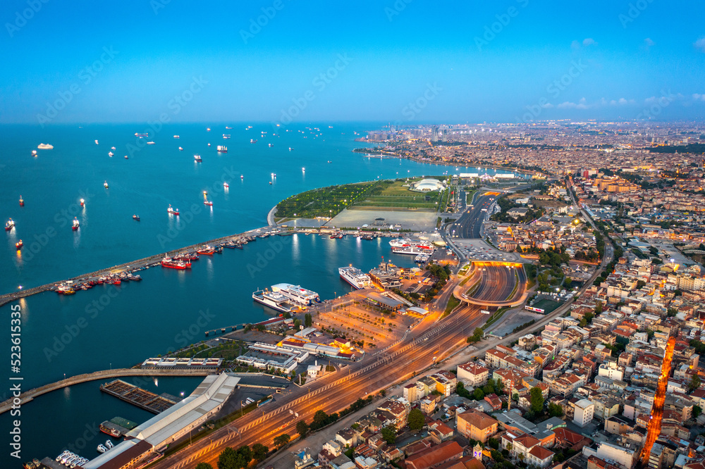 Aerial view of Istanbul city and port in Turkey.