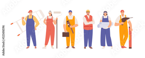 Group of people repair team with equipment and tools. Home renovation, repair service