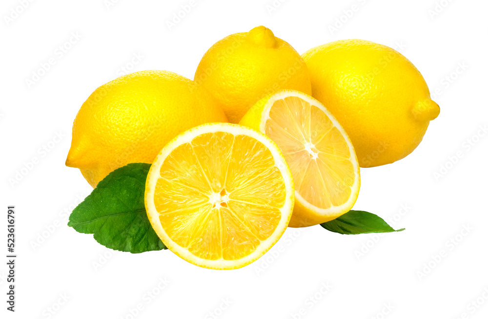 Lemon with leaves on white