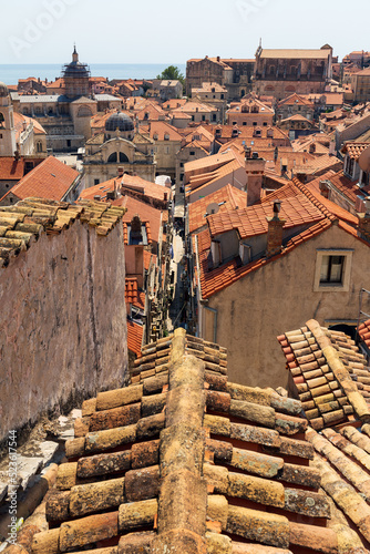 View over historic rooftops in Dubrovnik, Croatia. old terracotta tiles close up