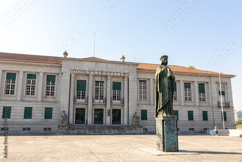 Guimaraes, Portugal. Statue of Mumadona Dias, Countess of Portugal, in front of the Palacio de Justica (Palace of Justice) photo