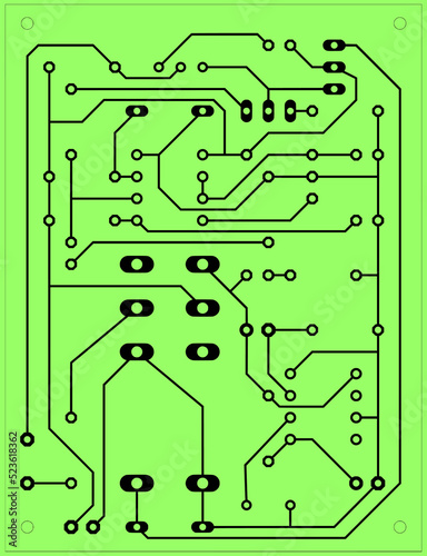 Electronic circuit track board schema on green background