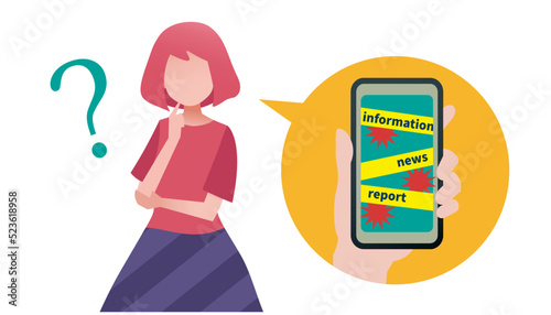 ネットの情報に疑問を感じている女性　人物フラットイラスト