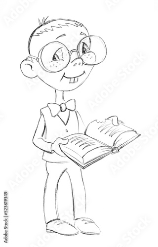 Big-headed nerd with a book. Pencil drawing