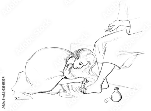 Fotografie A woman washes the feet of Christ. Pencil drawing