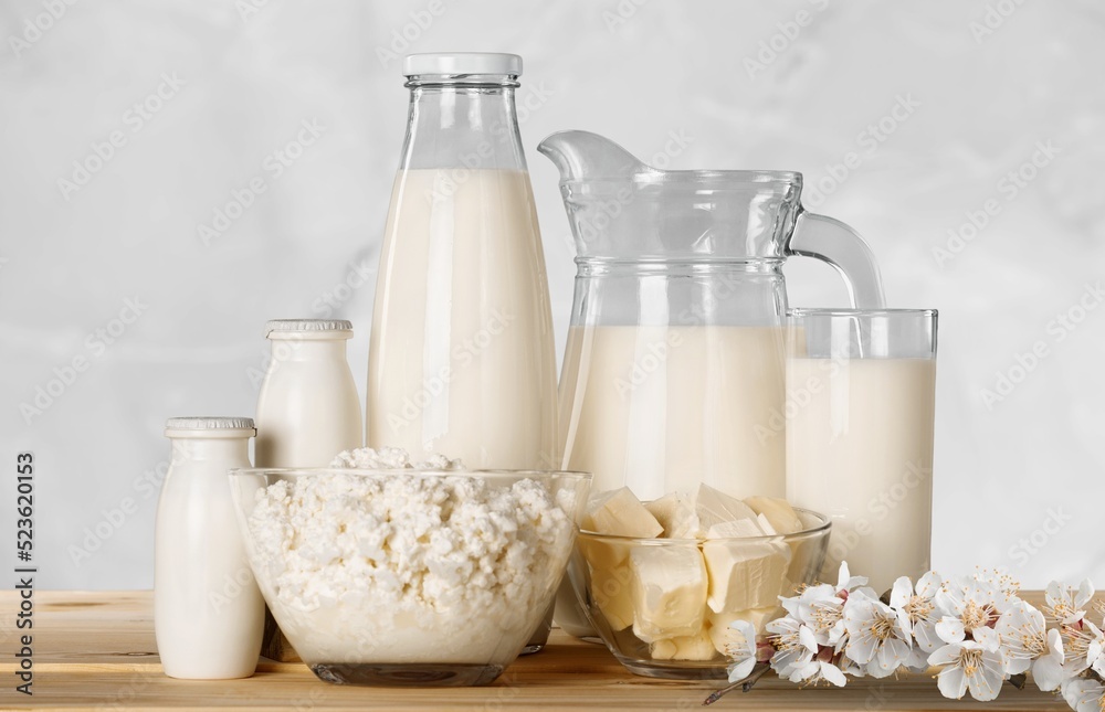 Fresh dairy products milk, kefir, cheese. Symbols of jewish holiday - Shavuot Fresh dairy products milk, kefir, cheese. Symbols of jewish holiday - Shavuot