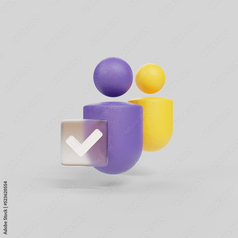 Stylish icon with personas and checkmark. Favicon with system users. Teamwork confirmation. 3d rendering. Stylish icon with personas and checkmark. Favicon with system users. Teamwork confirmation. 3d rendering.