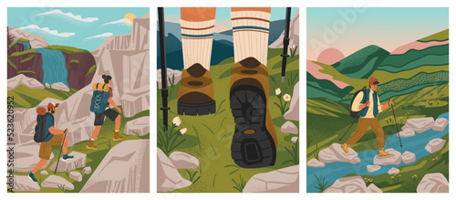 Couple trekking in mountains. Travel adventure and hiking concept vector posters set. People climb mountain. Man and woman with backpack in outdoor nature landcape. Trekking boot closeup view