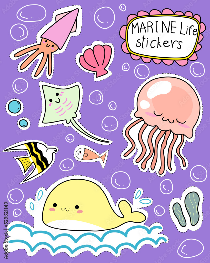 marine life set for sticker , postcard , invitation , vector, illustration for kids
