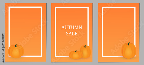 The set of autumn flyers with pumpkins on orange background with white frame.
